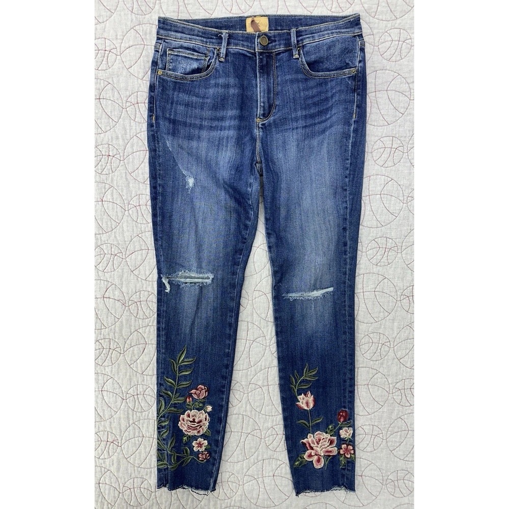 Driftwood Jackie Embroidered Floral Blue Jeans Skinny Stretch Denim Raw Hem / 29